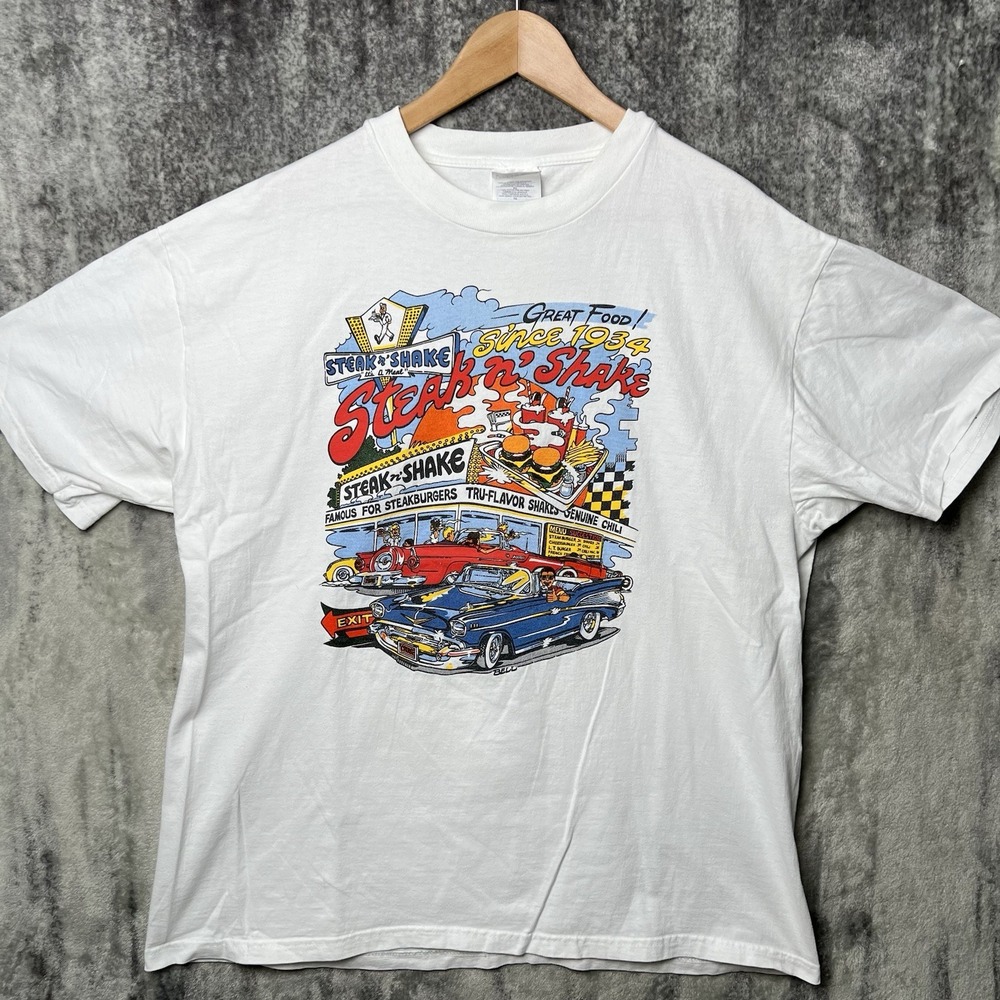 Vintage 90s Steak n Shake T Shirt XL Hanes USA Cars Graphic White